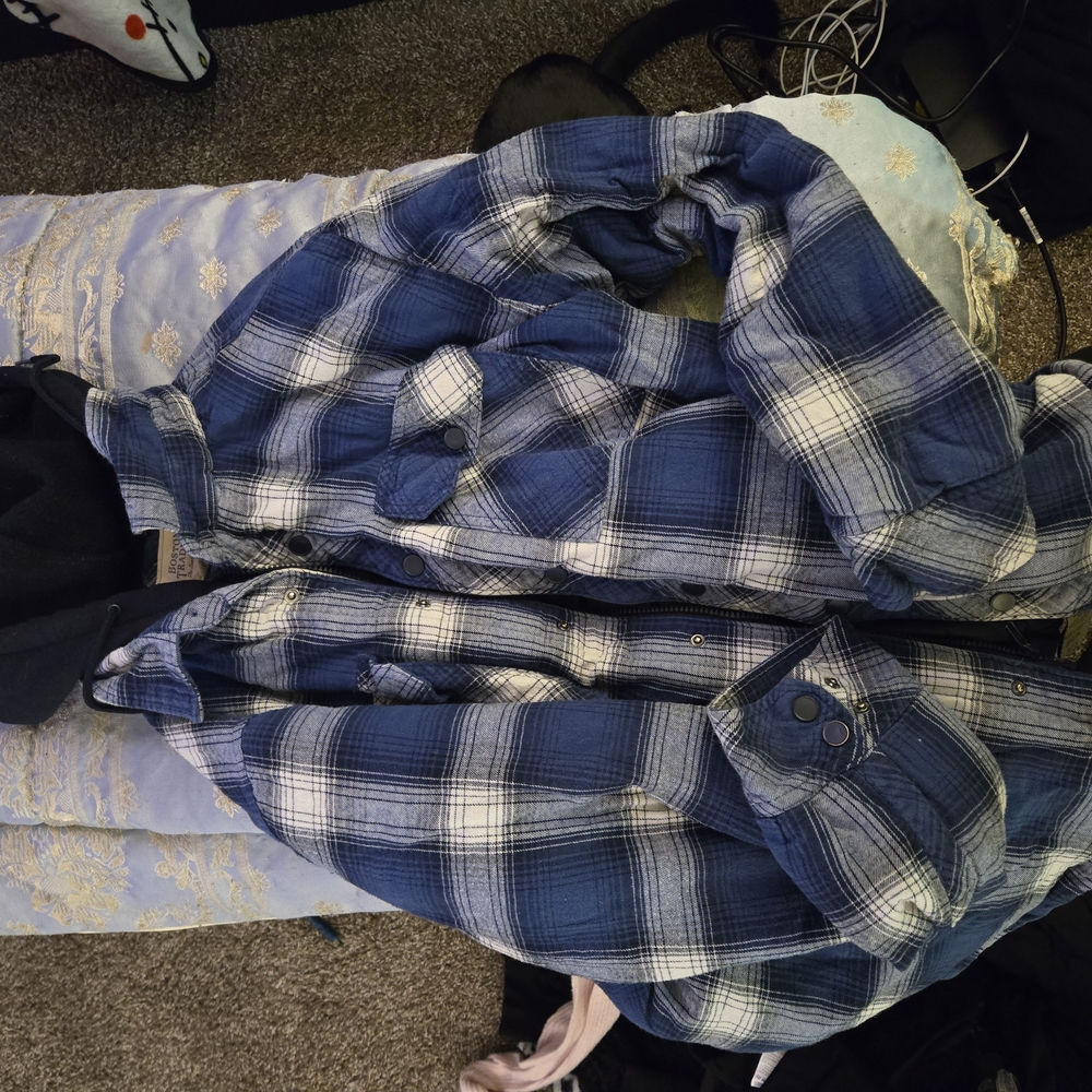 Men's Blue and White Plaid Button-Up Thick Hoodie/Shirt